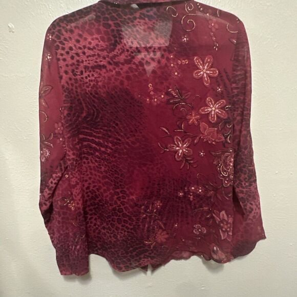 Koret Burgundy Floral Animal Print Ruffle‎ Sheer Blouse Top Size 12 - Picture 5 of 7